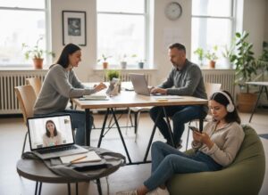 Three professionals work in a bright office; one on a video call, another on a tablet, and a man on a laptop.