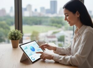 A smiling young woman works on a digital tablet showing charts, graphs, and a happy face icon, with a city view in the background.