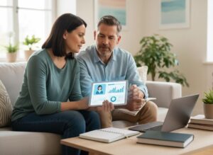 A man and woman sit on a sofa, looking at a tablet displaying charts, graphs, and a profile icon. A laptop is on the table.