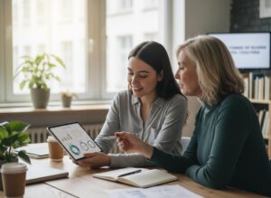 Two businesswomen, one younger and one older, review charts and graphs on a tablet during a collaborative meeting at a desk.