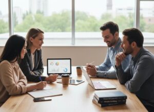 Four diverse professionals gather around a table with laptops displaying financial charts, coffee, and books on finance, engaged in discussion.