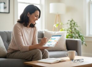 Smiling woman on a sofa uses a tablet with a stylus. On the coffee table are a mug, open notebook, and glasses. The tablet screen shows 'LEARN & GROW'.