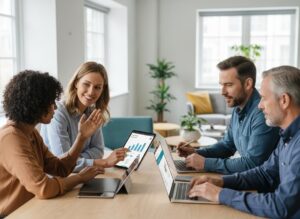 Four business professionals, two women and two men, collaborate at a table with laptops and a tablet displaying data charts.