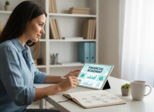 A young woman uses a stylus on a tablet showing a 'FINANCIAL ROADMAP'. A notebook with a 'WEALTH PLAN' mind map is on the desk.
