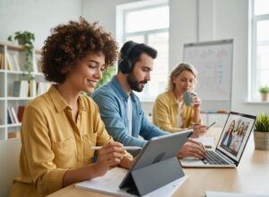 Three professionals, including a woman using a tablet and a man on a laptop video call, actively collaborate in a modern office.