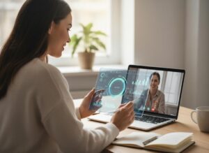 A woman uses a transparent tablet displaying data charts while on a video call with a smiling colleague on her laptop, illustrating advanced collaboration.