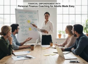A smiling female coach points to a financial empowerment flowchart on a whiteboard while presenting to four diverse adults seated at a table.