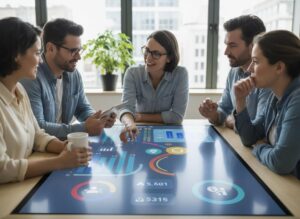 A diverse team of five professionals collaborates around an interactive table displaying digital graphs, charts, and analytics in a modern office.