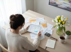 A young woman sitting at a table, viewing financial data on a tablet. Bills, envelopes, and investment documents are spread around her.