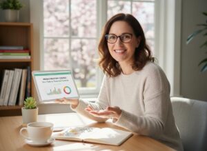 A happy woman in glasses holds a tablet showing a 'Money Mastery Course' with financial charts, sitting at a desk with coffee and a notebook.